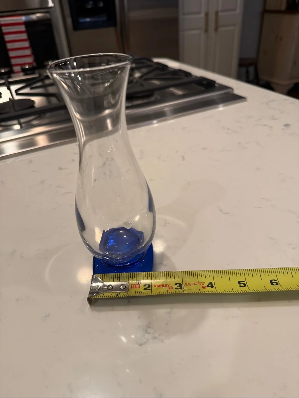 Clear Art Glass Bud Vase Cobalt Blue Square Base Flared Rim 7”